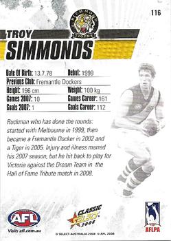 2008 Select AFL Classic #116 Troy Simmonds Back